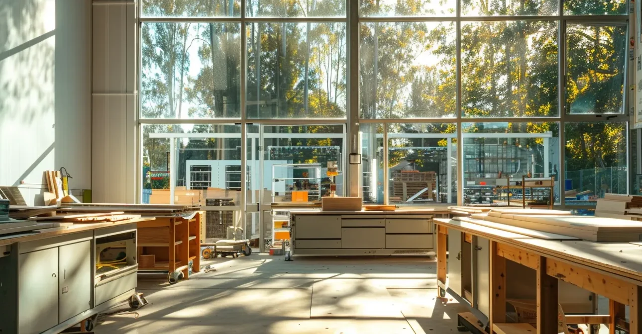 sunlight streaming through large windows onto sleek, modern custom cabinets being meticulously designed in a workshop on the sunshine coast.