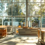 sunlight streaming through large windows onto sleek, modern custom cabinets being meticulously designed in a workshop on the sunshine coast.