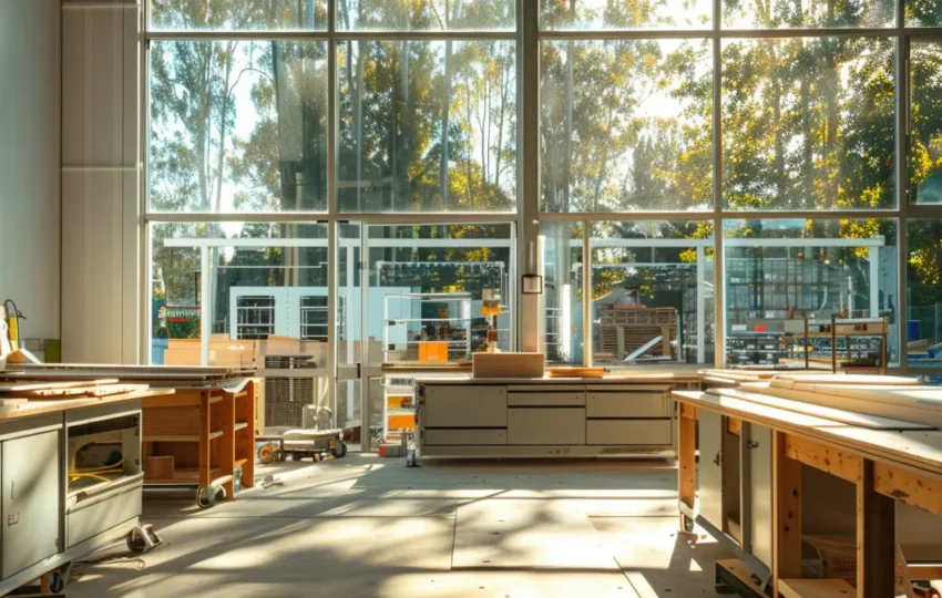 sunlight streaming through large windows onto sleek, modern custom cabinets being meticulously designed in a workshop on the sunshine coast.